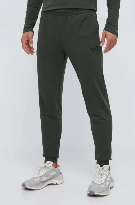 EA7 Emporio Armani pantaloni de trening din bumbac culoarea verde, neted