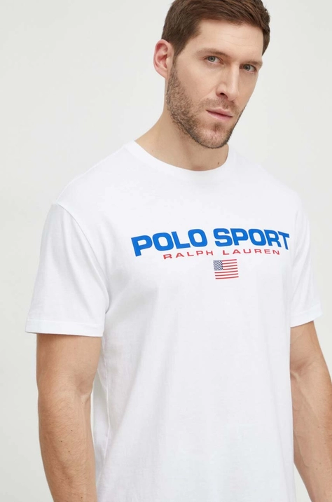 Хлопковая футболка Polo Ralph Lauren мужская цвет белый с принтом