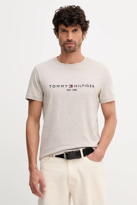 Tommy Hilfiger t-shirt bawełniany męski kolor beżowy z aplikacją MW0MW11797