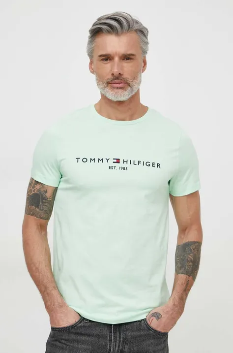 Pamučna majica Tommy Hilfiger za muškarce, boja: zelena, s aplikacijom