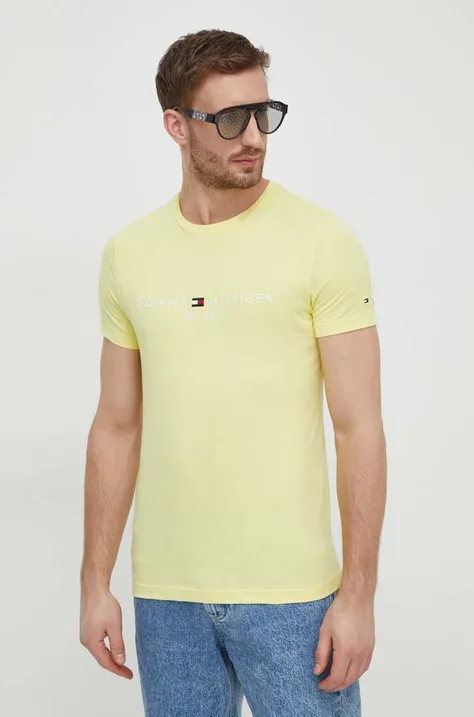 Pamučna majica Tommy Hilfiger za muškarce, boja: žuta, s aplikacijom