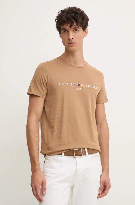 Tommy Hilfiger tricou din bumbac barbati, culoarea bej, cu imprimeu