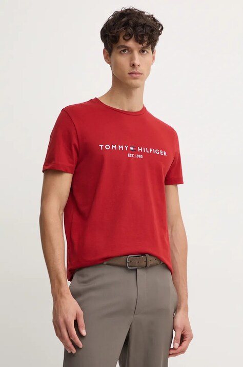 Tommy Hilfiger tricou din bumbac barbati, culoarea rosu, cu imprimeu