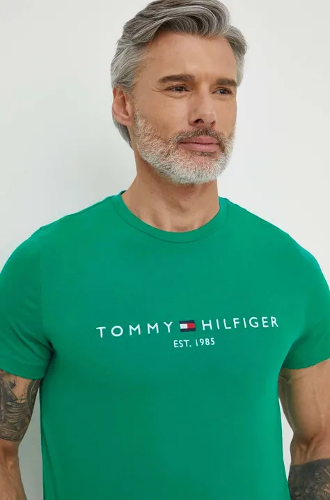 Pamučna majica Tommy Hilfiger za muškarce, boja: zelena, s aplikacijom, MW0MW11797