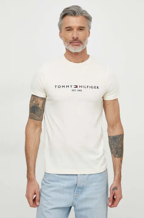 Pamučna majica Tommy Hilfiger za muškarce, boja: bež, s aplikacijom