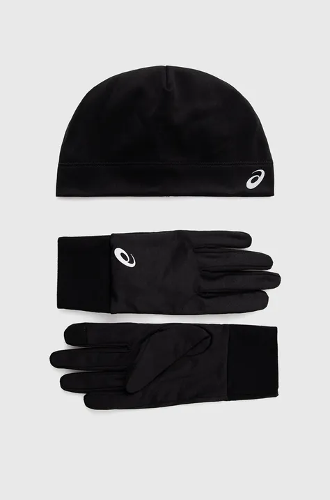 Σκούφος και γάντια Asics χρώμα: μαύρο