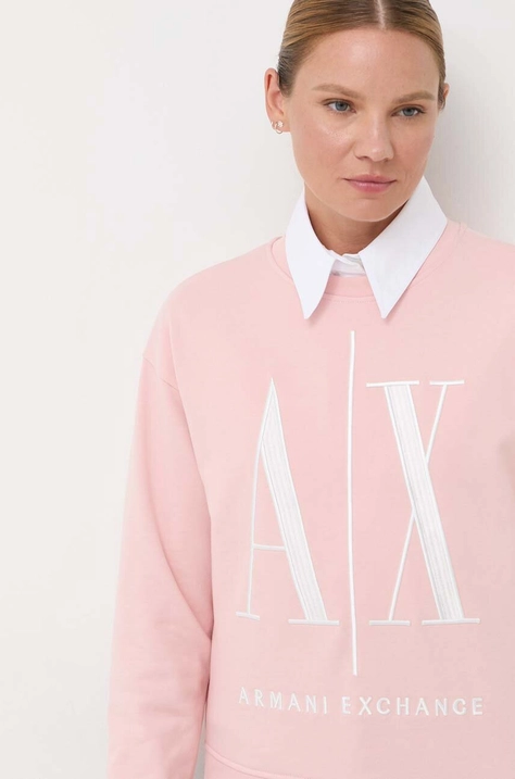 Bavlněná mikina Armani Exchange dámská, růžová barva, s aplikací