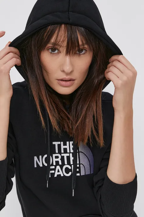 Bombažna mikica The North Face ženska, črna barva, s kapuco