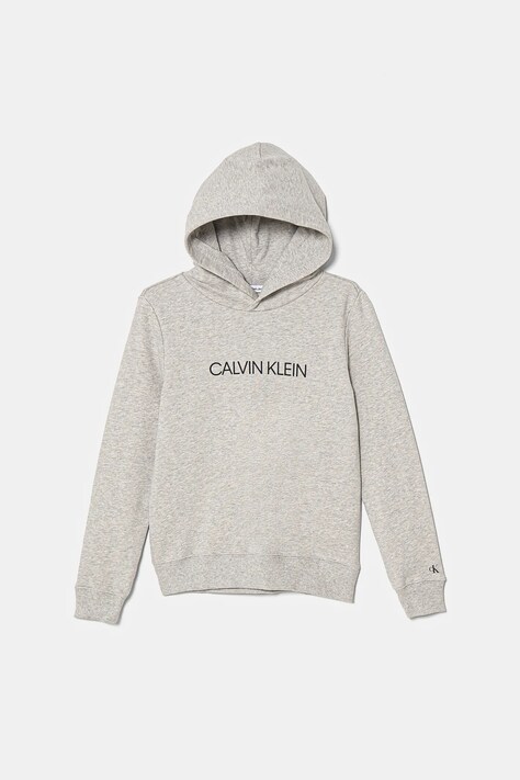 Calvin Klein Jeans hanorac de bumbac pentru copii culoarea gri, cu glugă, cu imprimeu