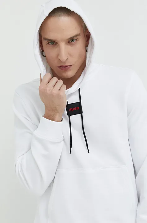 Bombažen pulover HUGO moška, bela barva, s kapuco