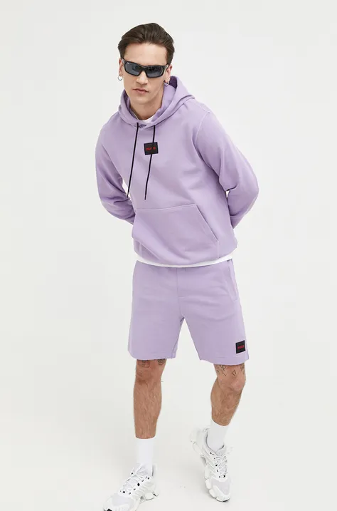 Bombažen pulover HUGO moška, vijolična barva, s kapuco