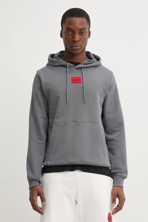 Bavlněná mikina HUGO pánská, šedá barva, s kapucí, s aplikací, 50458700