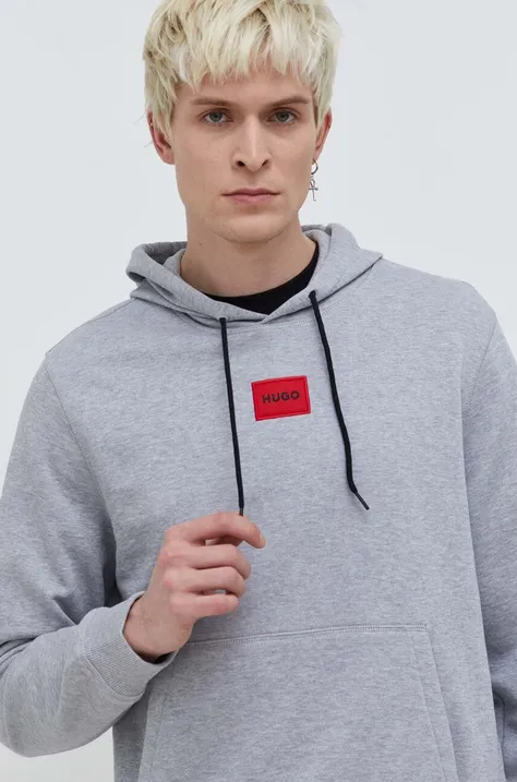 Хлопковая кофта HUGO мужская цвет серый с капюшоном с аппликацией