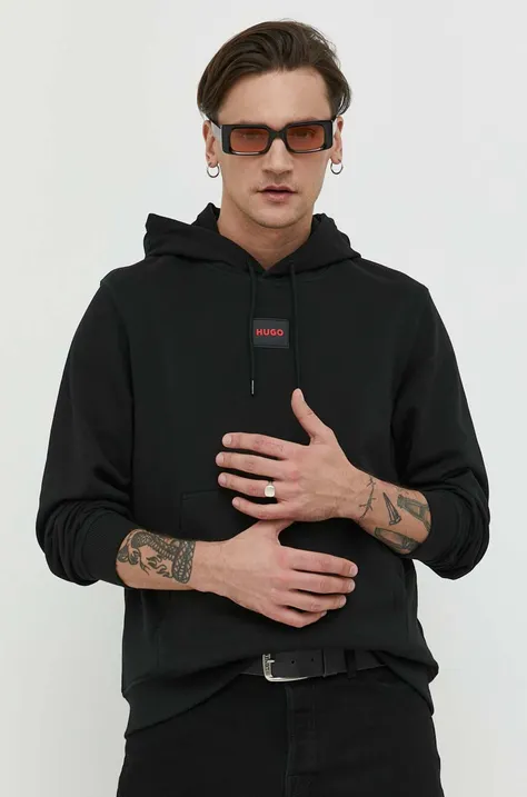 Bombažen pulover HUGO moška, črna barva, s kapuco