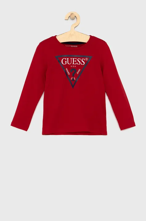 Dětské tričko s dlouhým rukávem Guess červená barva, s potiskem