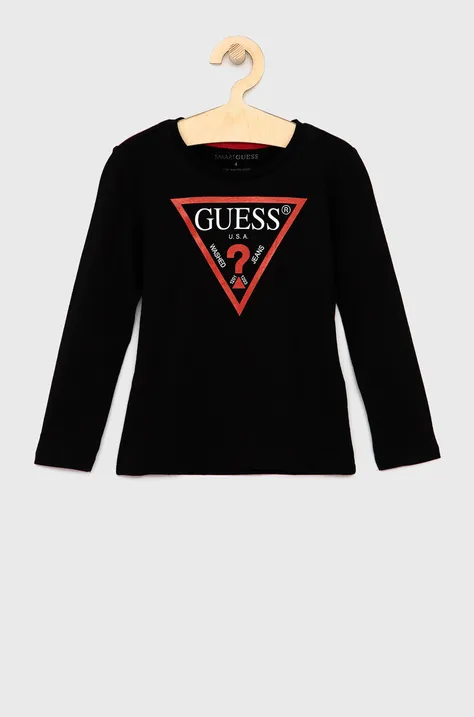 Detské tričko s dlhým rukávom Guess čierna farba, s potlačou