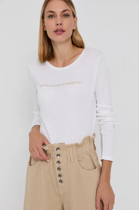 Βαμβακερό πουκάμισο με μακριά μανίκια United Colors of Benetton χρώμα: άσπρο