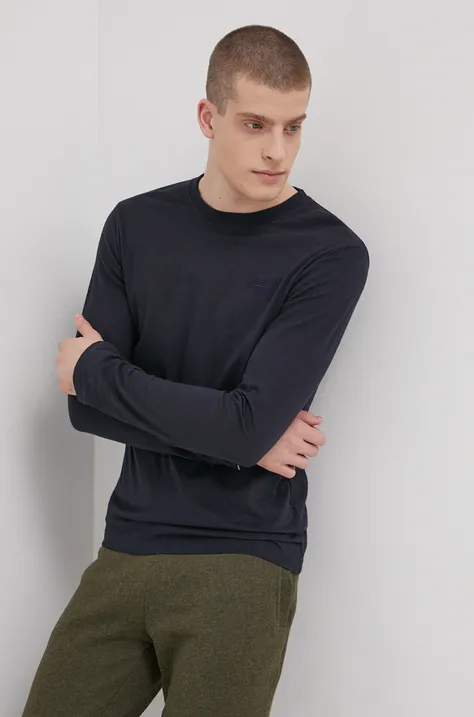 Bavlnené tričko s dlhým rukávom Superdry tmavomodrá farba, jednofarebné