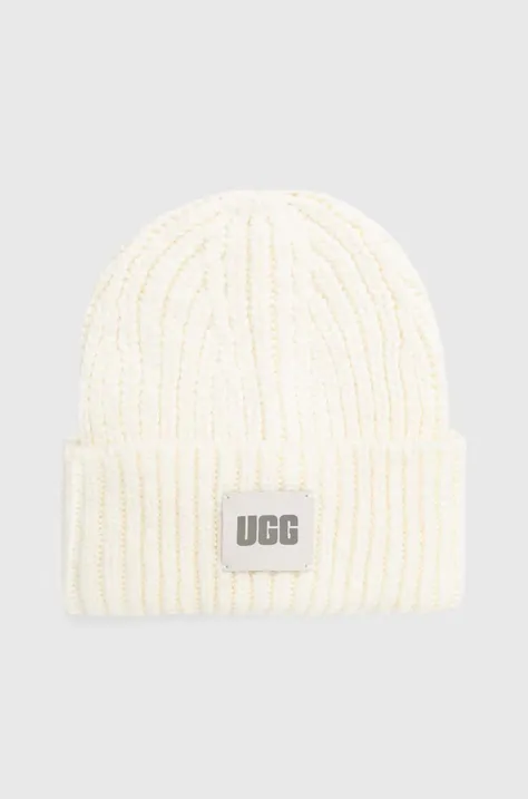 UGG czapka z domieszką wełny kolor biały z grubej dzianiny