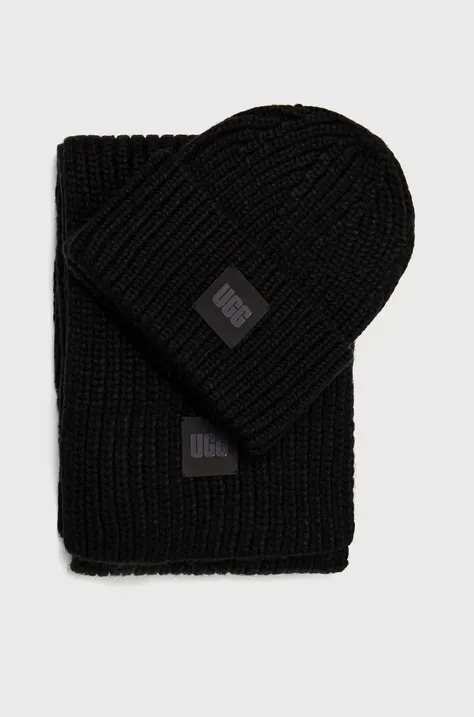 Шапка та шарф з домішкою вовни UGG Chunky колір чорний