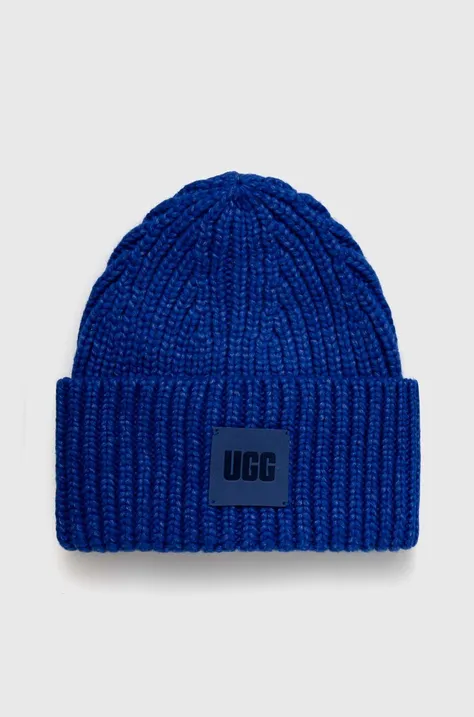 UGG czapka z domieszką wełny kolor niebieski z grubej dzianiny
