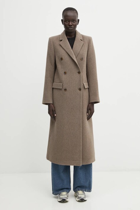 Samsoe Samsoe palton de lana culoarea bej, de tranzitie, cu doua randuri de nasturi