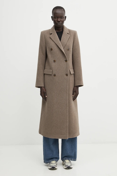 Samsoe Samsoe palton de lana culoarea bej, de tranzitie, cu doua randuri de nasturi