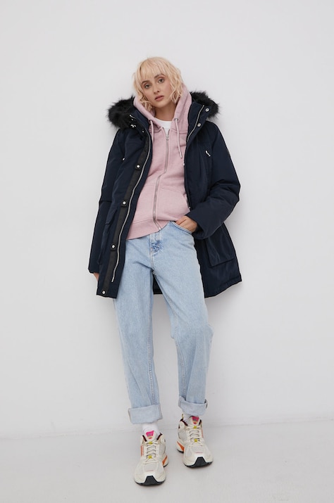 Péřová bunda Superdry dámská, tmavomodrá barva, zimní