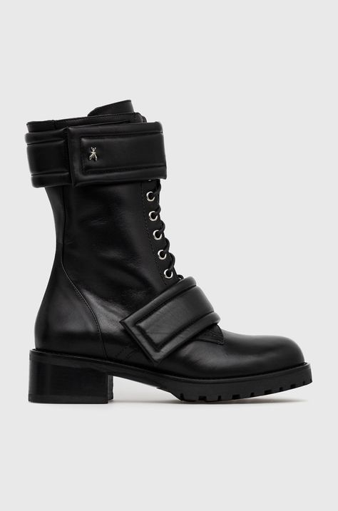 Patrizia Pepe Bocanci de piele femei, culoarea negru, cu toc plat