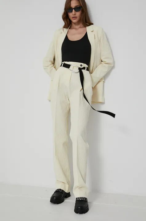 Nohavice Victoria Victoria Beckham dámske, krémová farba, široké, vysoký pás