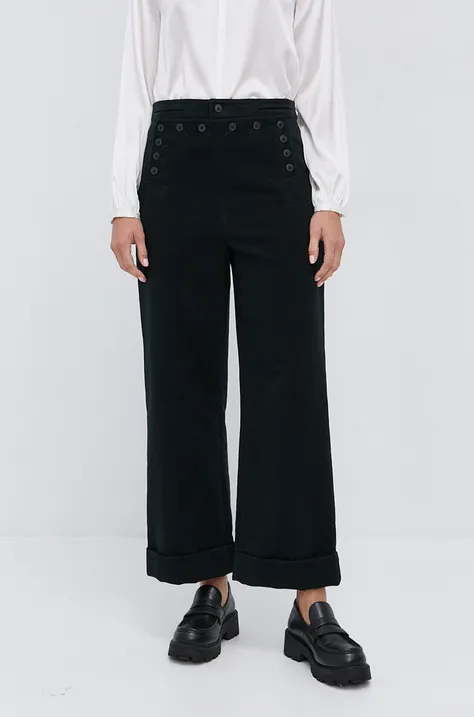 Tory Burch Pantaloni femei, culoarea negru, lat, high waist