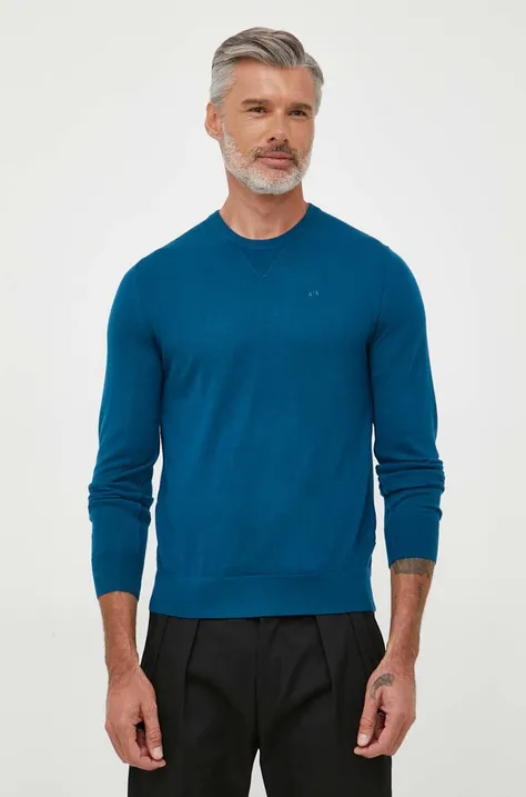 Armani Exchange sweter wełniany męski kolor turkusowy lekki