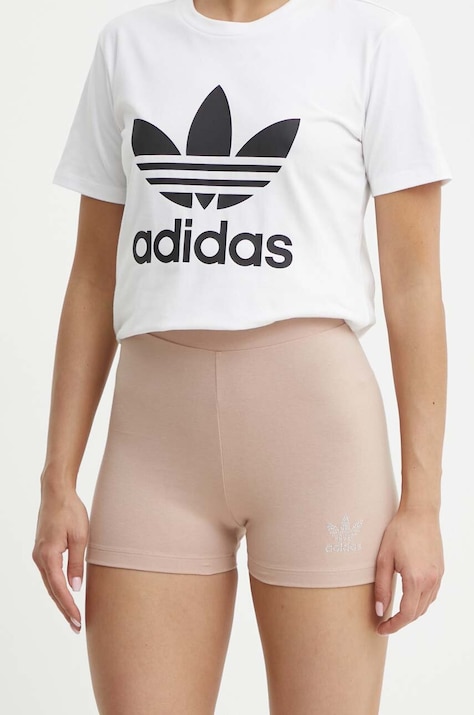 Къс панталон adidas Originals HF9202 дамски в кафяво с изчистен дизайн с висока талия