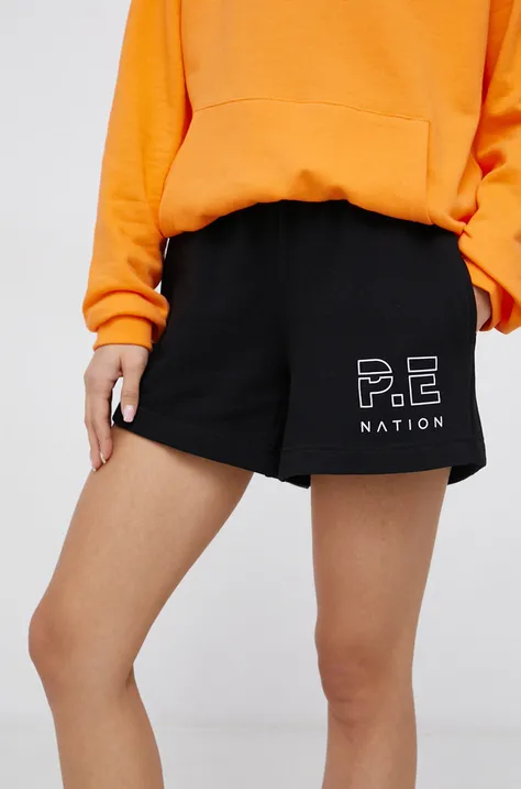 Памучен къс панталон P.E Nation дамски в черно с изчистен дизайн с висока талия