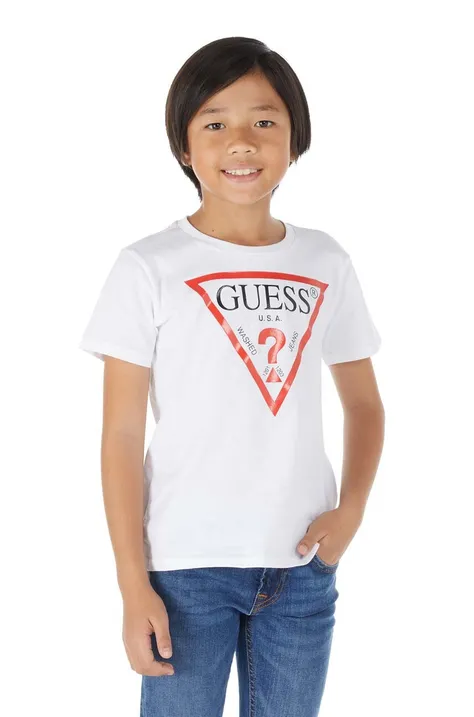 Παιδικό βαμβακερό μπλουζάκι Guess χρώμα: άσπρο