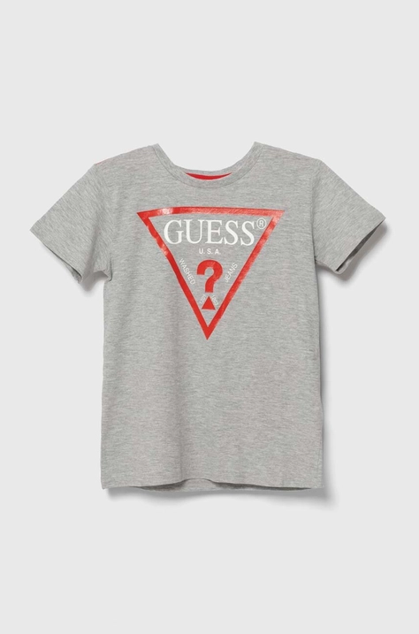 Παιδικό βαμβακερό μπλουζάκι Guess χρώμα: γκρι