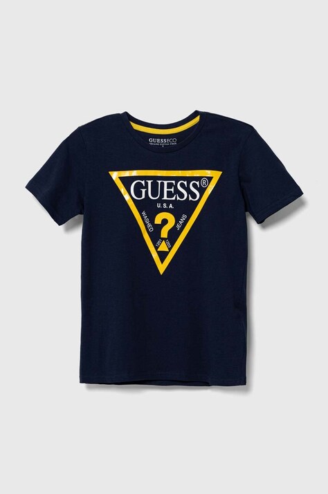Дитяча бавовняна футболка Guess колір синій з принтом