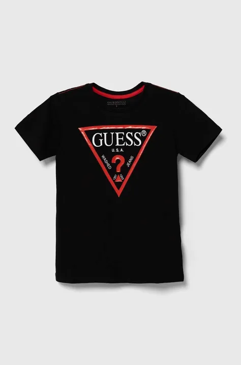 Guess T-shirt bawełniany dziecięcy kolor czarny z nadrukiem