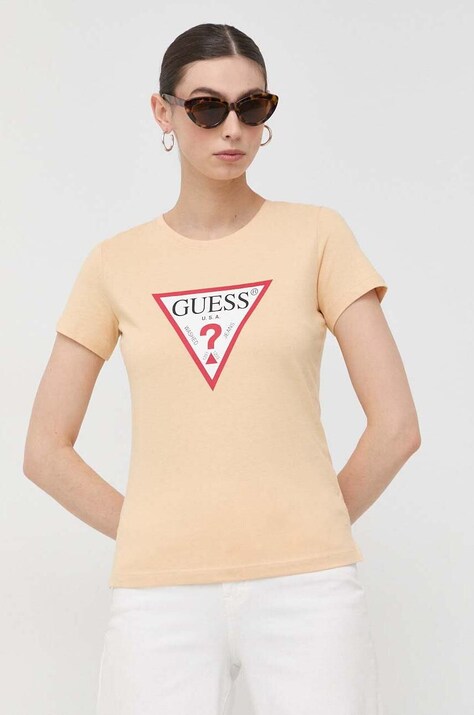 Βαμβακερό μπλουζάκι Guess χρώμα: μπεζ