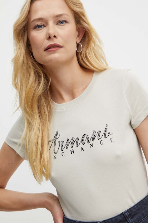 Bombažna kratka majica Armani Exchange bež barva