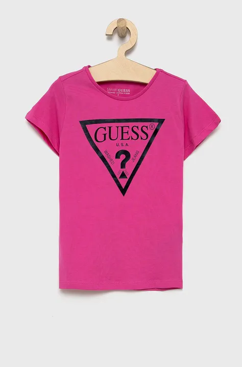 Guess T-shirt bawełniany dziecięcy kolor fioletowy