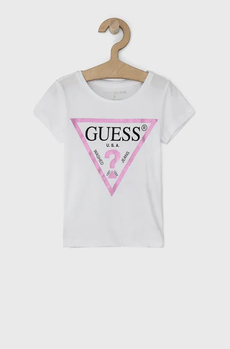 Детска памучна тениска Guess в бяло