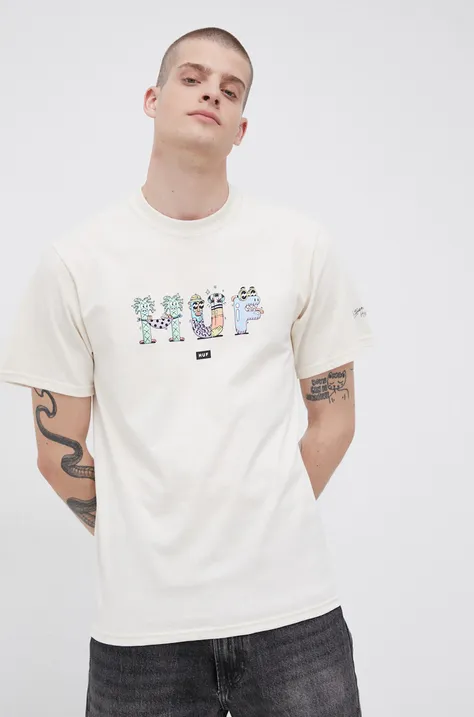 HUF T-shirt bawełniany kolor kremowy z nadrukiem