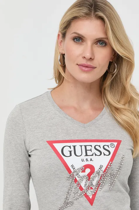 Bavlnené tričko s dlhým rukávom Guess dámska, šedá farba,