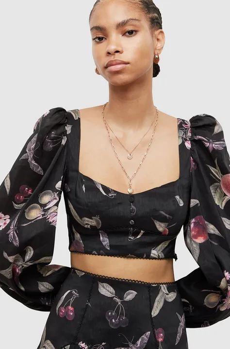 Lanena bluza AllSaints za žene, boja: crna, s uzorkom