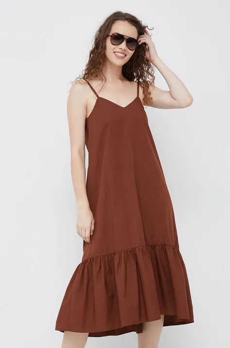 Pamučna haljina Sisley boja: smeđa, midi, širi se prema dolje