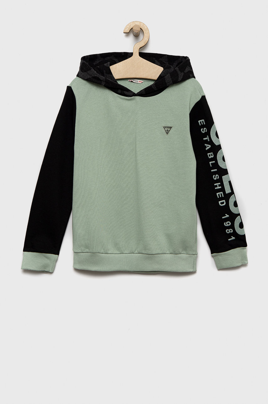 Guess bluza dziecięca kolor turkusowy z kapturem z aplikacją