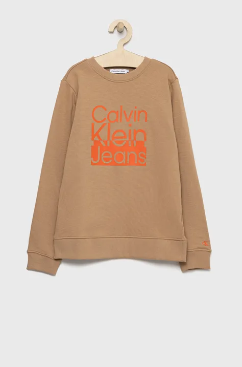 Detská bavlnená mikina Calvin Klein Jeans béžová farba, s potlačou
