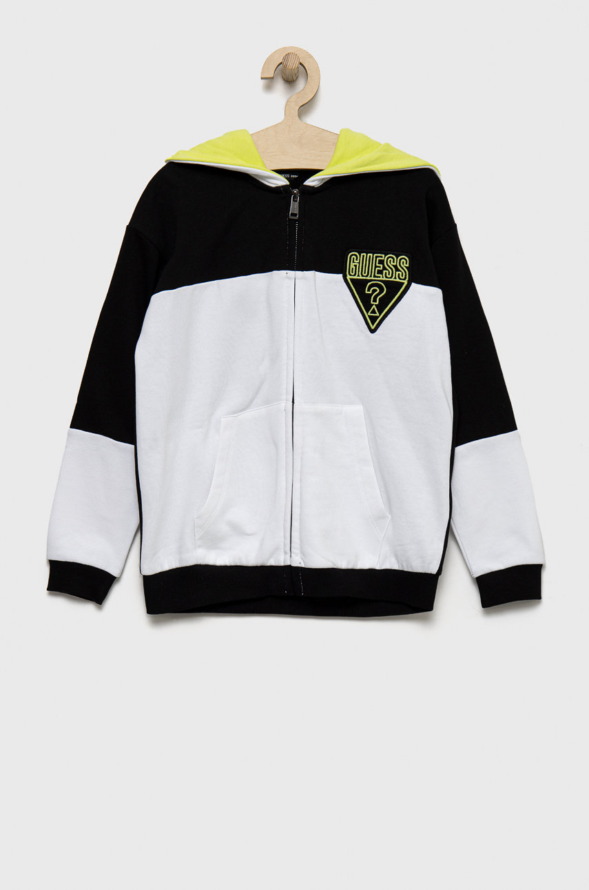 Guess bluza bawełniana dziecięca kolor czarny z kapturem z aplikacją
