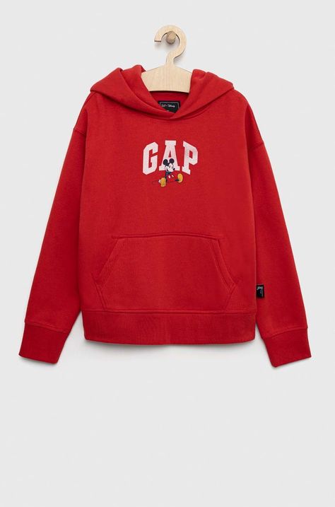 Dětská mikina GAP X Disney červená barva, s kapucí, s potiskem